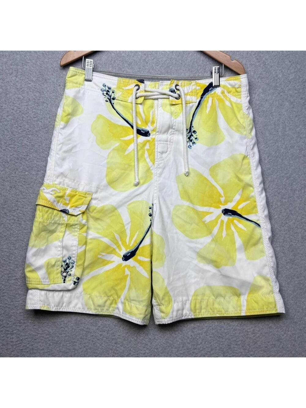 Vintage Hollister Y2K Yellow Tropical Floral Board Shorts Swim Trunks Size Small